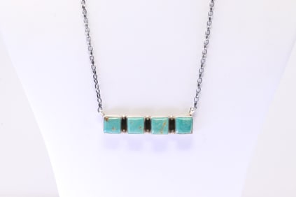 Native America Navajo Sterling Silver Kingman Turquoise Necklace By Donova Skeets.
