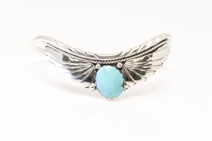 Native America Navajo Sterling Silver Turquoise Bracelet Cuff By Sadie Jim.