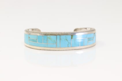 Native America Zuni Sterling Silver Turquoise Inlay Bracelet By R.G.B.