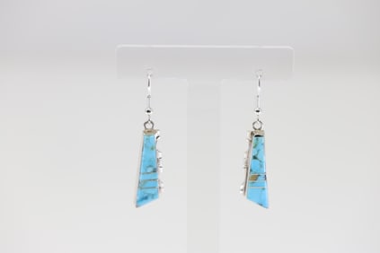 Native American Navajo Sterling Silver Kingman Turquoise Inlay Dangling Earring's By Steve