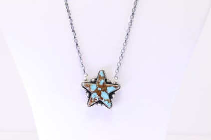 Native America Navajo Sterling Silver Kingman Turquoise Star Necklace By Donovan Skeets.