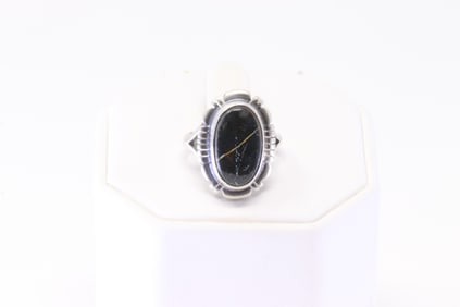 Native America Navajo Sterling Silver Black Onyx Ring By T.F.