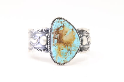 Native America Navajo Sterling Silver Kingman Turquoise Bracelet Cuff By Roland Dixon.
