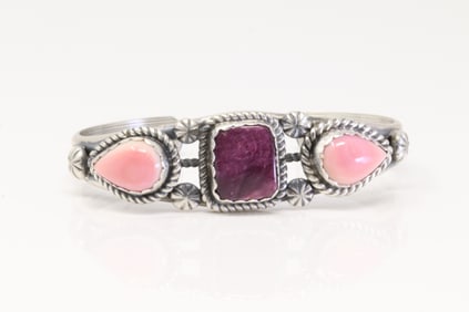Native America Navajo Sterling Silver Purple Spiny & Pink Conch Bracelet Cuff By J.J.J.