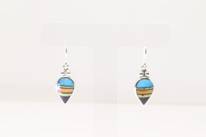 Native America Navajo Sterling Silver Multi-Color Stone Inlay Dangling Earring's By C.