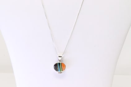 Native America Navajo Sterling Silver Multi-Color Stone Inlay Pendant By Rick Tolino. With A 925
