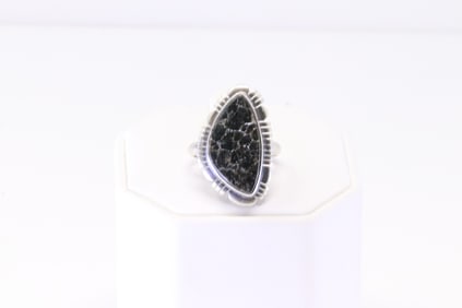 Native America Navajo Sterling Silver Black Jack Turquoise Ring By T.F.