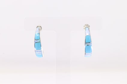 Native America Navajo Sterling Silver Opal & Turquoise Inlay Hoop Earring's By Kerrie Peina.