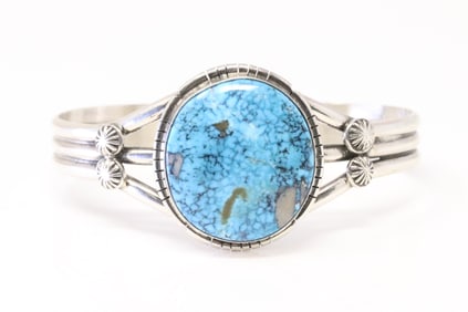 Native America Navajo Sterling Silver Kingman Turquoise Bracelet Cuff By Samson Edsitty.