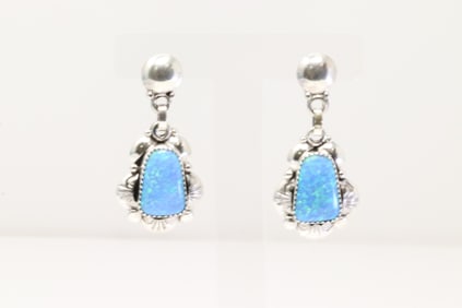 Native America Navajo Sterling Silver Synthetic Opal Post / Dangling Earring's By Clem Nalwood.