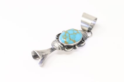 Native America Navajo Sterling Silver Kingman Turquoise Squash Blossom Pendant By Kee-J.
