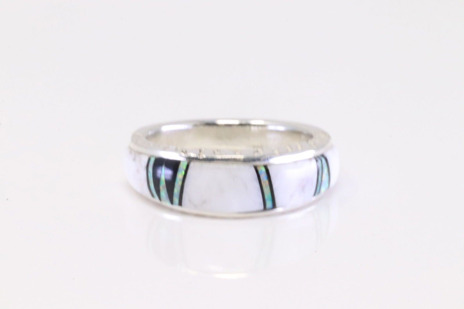 Native America Navajo Sterling Silver Multi-Color Inlay Ring By A.T.: This is a Native America Navajo Sterling Silver Multi-Color Inlay Ring By A.T. Ring size: 6.75.