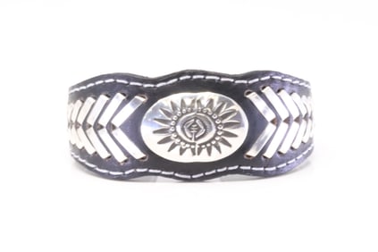 Native America Navajo Sterling Silver Leather Bracelet Cuff By Frank Armstron.