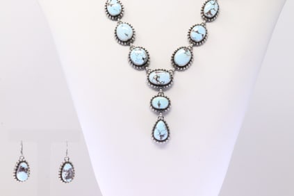 Native America Navajo Sterling Silver Golden Hill Turquoise Necklace & Earring's Set By M.Spnecer.