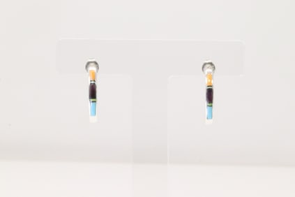 Native American Navajo Sterling Silver Multi-Color Stone Hoop Earring's.