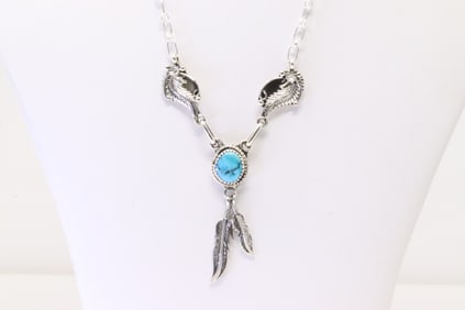 Native American Navajo Sterling Silver Turquoise Necklace By Verley Betone.