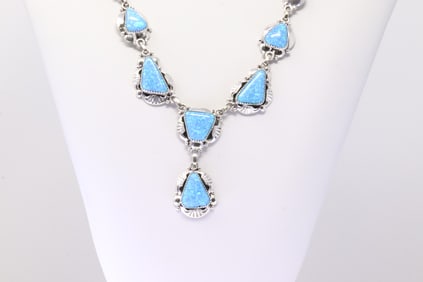 Native American Navajo Sterling Silver Synthetic Blue Opal Necklace By Clem Nalwood.