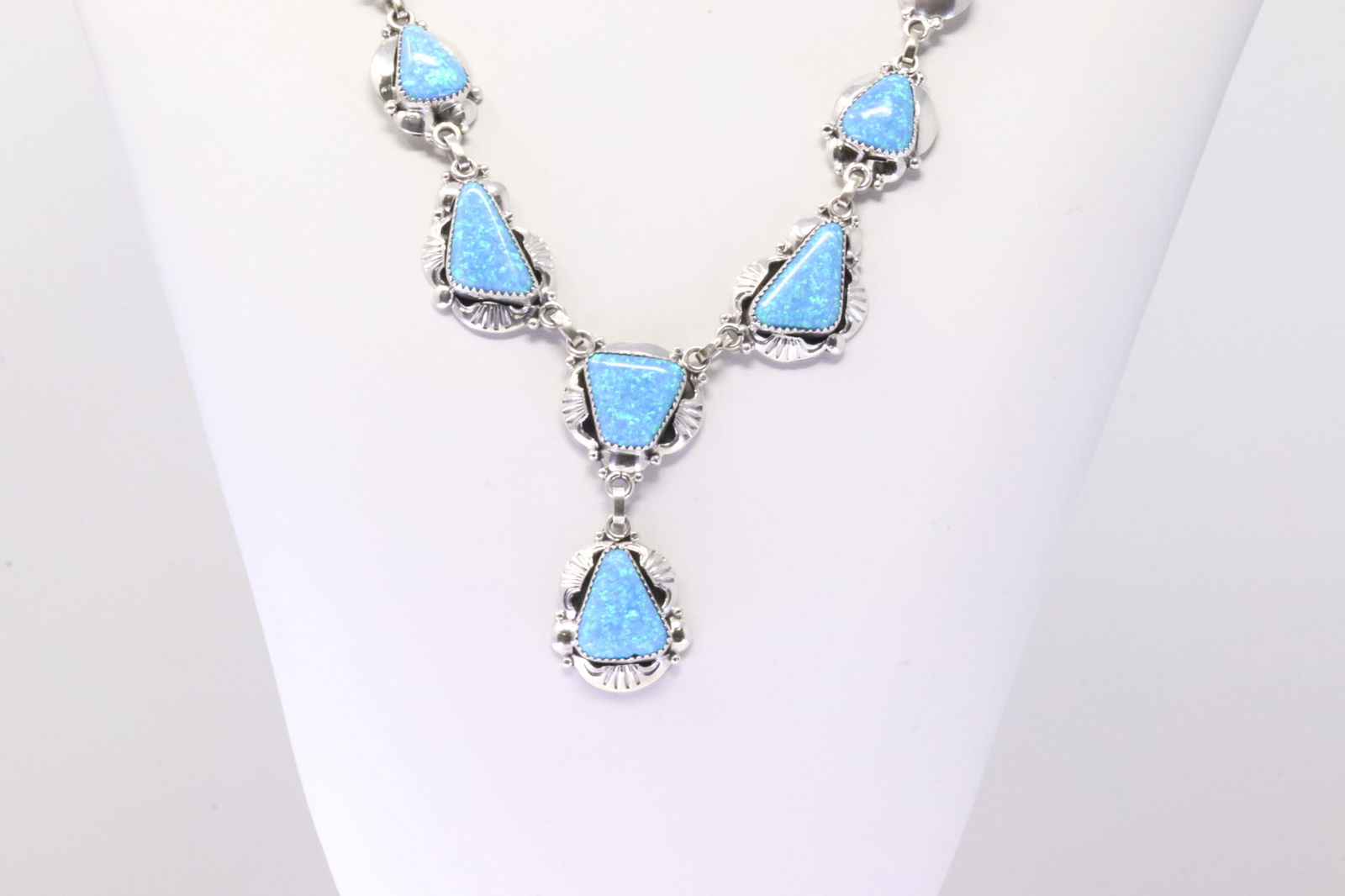 Native American Navajo Sterling Silver Synthetic Blue Opal Necklace By Clem Nalwood. (1 of 4)