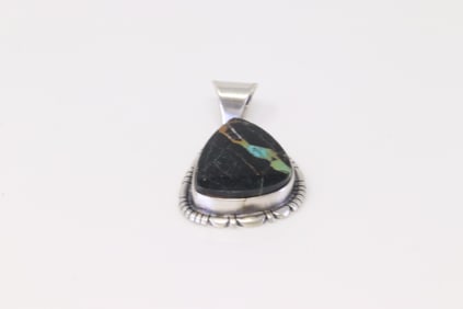 Native American Navajo Sterling Silver Black Jack Turquoise Pendant By T.F.