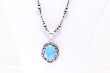 Native American Navajo Sterling Silver Kingman Turquoise Pendant By M. With Pearl Beaded Sterling