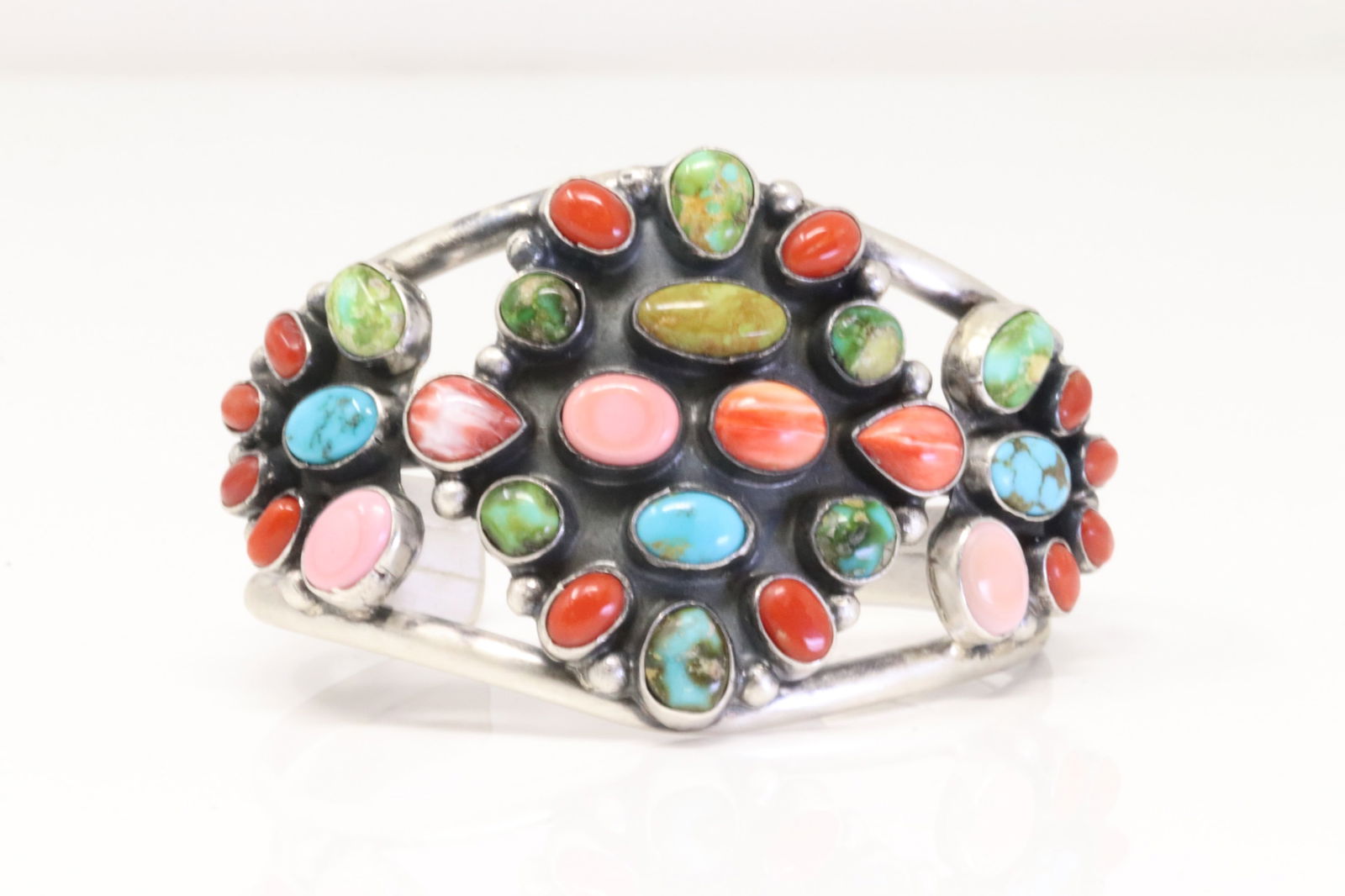 Native American Navajo Sterling Silver Multi-Color Stone Bracelet Cuff By Bobby Johnson. (1 of 5)