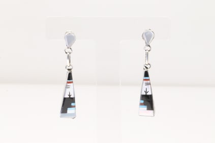 Native America Zuni Sterling Silver Multi-Color Inlay Post / Dangling Earring's By Jason Babelu.