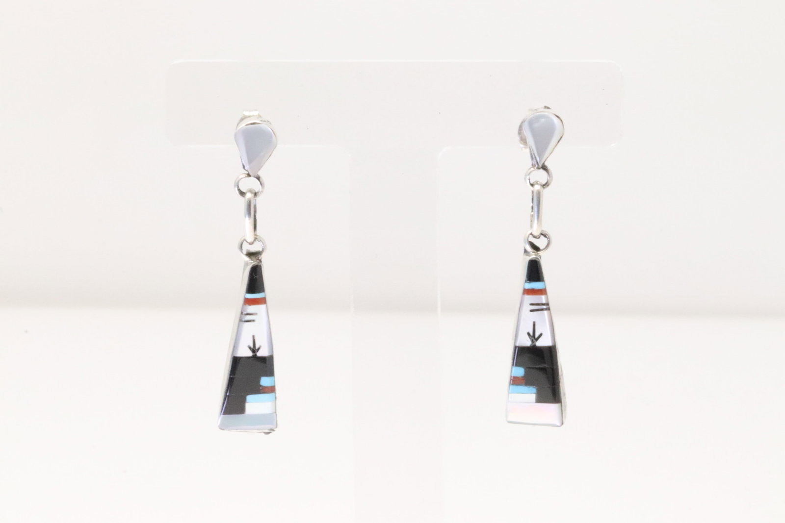 Native America Zuni Sterling Silver Multi-Color Inlay Post / Dangling Earring's By Jason Babelu.: This is a Native America Zuni Sterling Silver Multi-Color Inlay Post / Dangling Earring's By Jason Babelu.