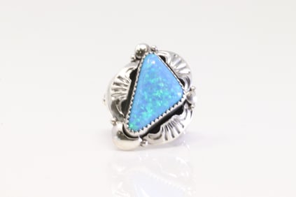Native American Navajo Sterling Silver Synthetic Opal Ring By Clem Nalwood.