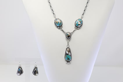Native America Navajo Sterling Silver Turquoise Compressed Necklace & Earring's Set By Earring's By