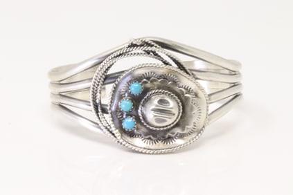 Native America Navajo Sterling Silver Turquoise Cowboy Bracelet Cuff By Bobby Platero.