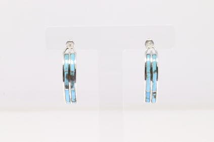 Native America Navajo Sterling Silver Turquoise Inlay Hoop Earring's By A.E.