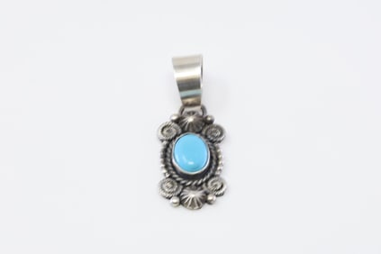 Native America Navajo Sterling Silver Kingman Turquoise Pendant By M&R Calladito.