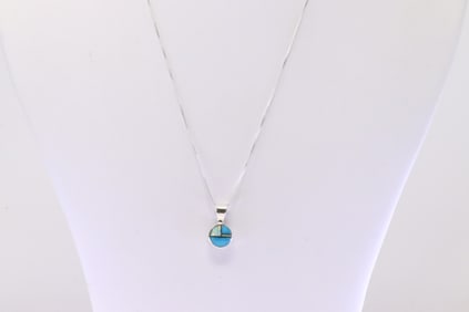 Native America Navajo Sterling Silver Multi-Color Inlay Pendant With A 925 Necklace.