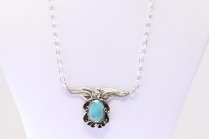 Native America Navajo Sterling Silver Turquoise Necklace By Sadie Jim.