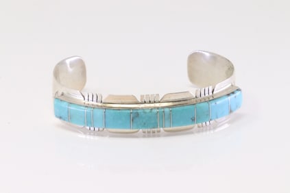 Native America Zuni Sterling Silver Turquoise Inlay Bracelet By PLL.