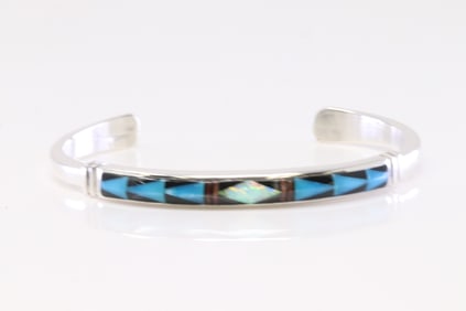 Native America Navajo Sterling Silver Multi-Color Stone Inlay Bracelet.