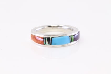 Native America Navajo Sterling Silver Multi-Color Stone Inlay Ring By A.T.