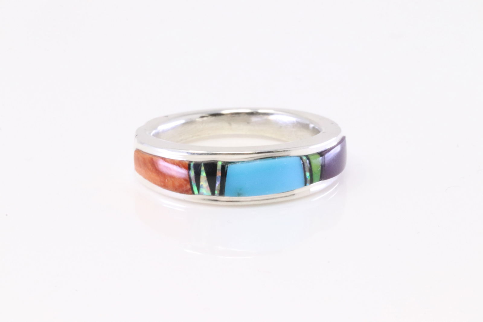 Native America Navajo Sterling Silver Multi-Color Stone Inlay Ring By A.T.: This is a Native America Navajo Sterling Silver Multi-Color Stone Inlay Ring By A.T. Ring size: 5.00.