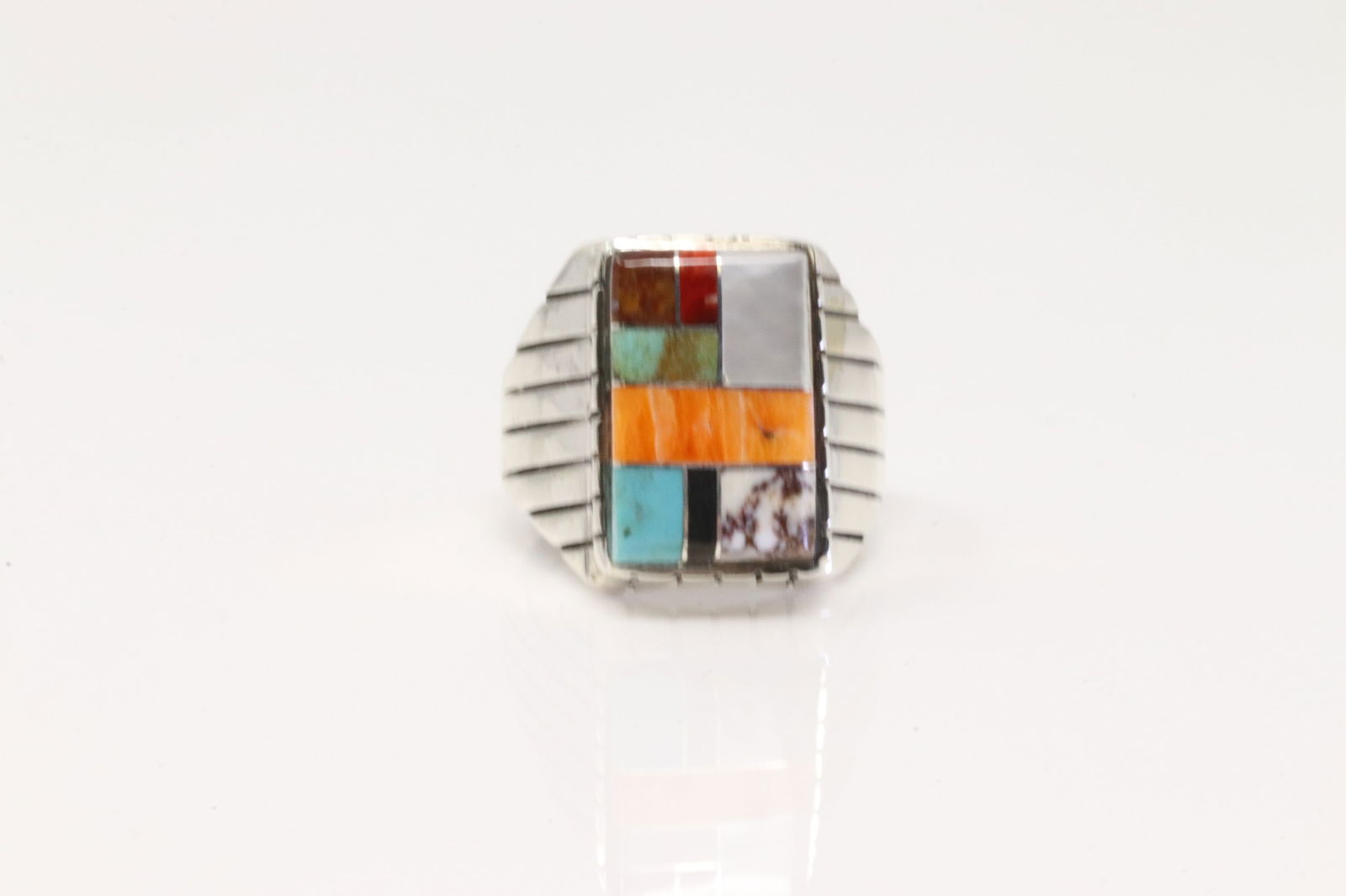 Native American Navajo Sterling Silver Men Multi-Color Stone Inlay Ring By Ray Jack. (1 of 4)