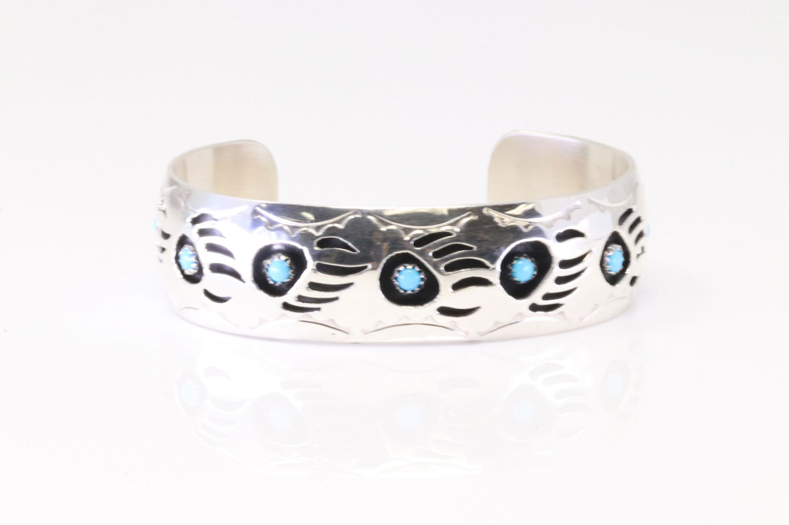 Native American Navajo Sterling Silver Bear Paw Turquoise Bracelet Cuff By Pearlene Spencer. (1 of 4)
