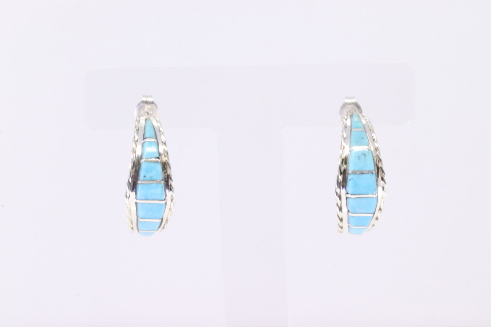 Native America Navajo Sterling Silver Kingman Turquoise Inlay Hoop Earring's By Malcolm Chavez.: This is a Native America Navajo Sterling Silver Kingman Turquoise Inlay Hoop Earring's By Malcolm Chavez.
