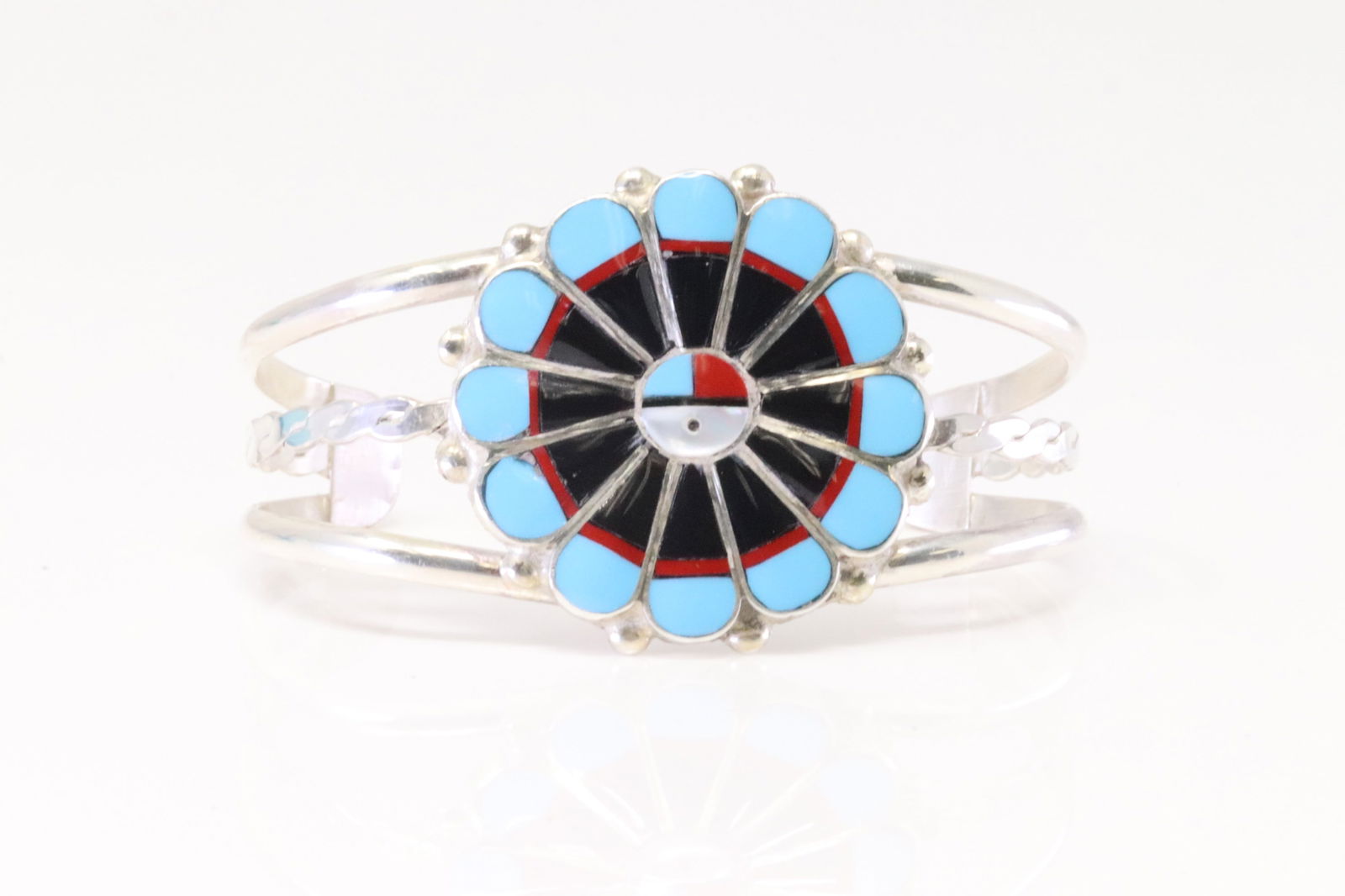 Native America Zuni Sterling Silver Multi-Color Sunface Bracelet By Clarence Pedro. (1 of 4)