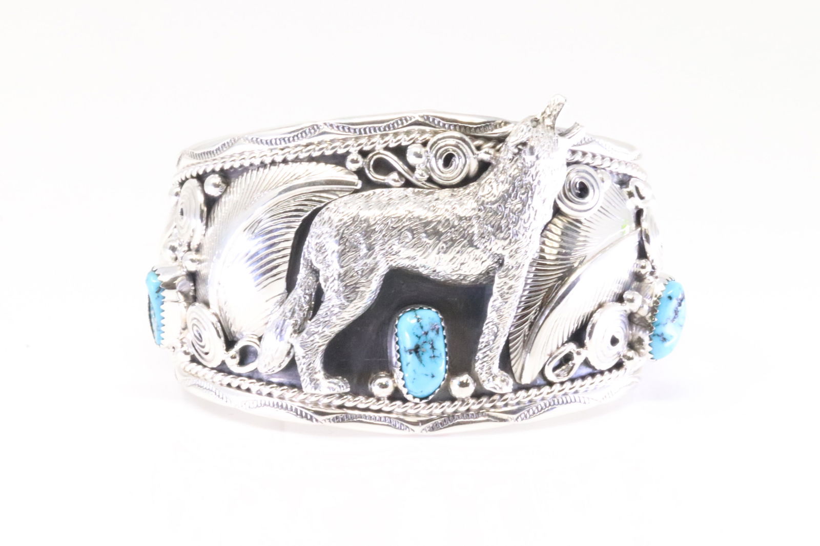 Native America Navajo Sterling Silver Turquoise Bracelet Wolf Casted By Darrell Morgan. (1 of 4)