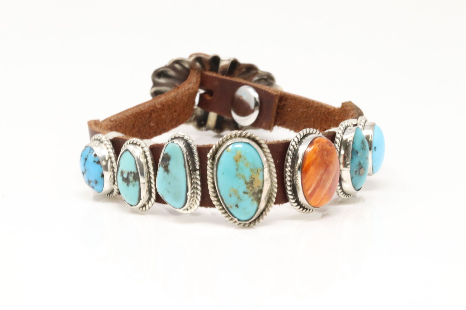 Native American Navajo Sterling Silver Spiny Oyster / Turquoise Leather Bracelet By B.W. / C.R. (1 of 4)