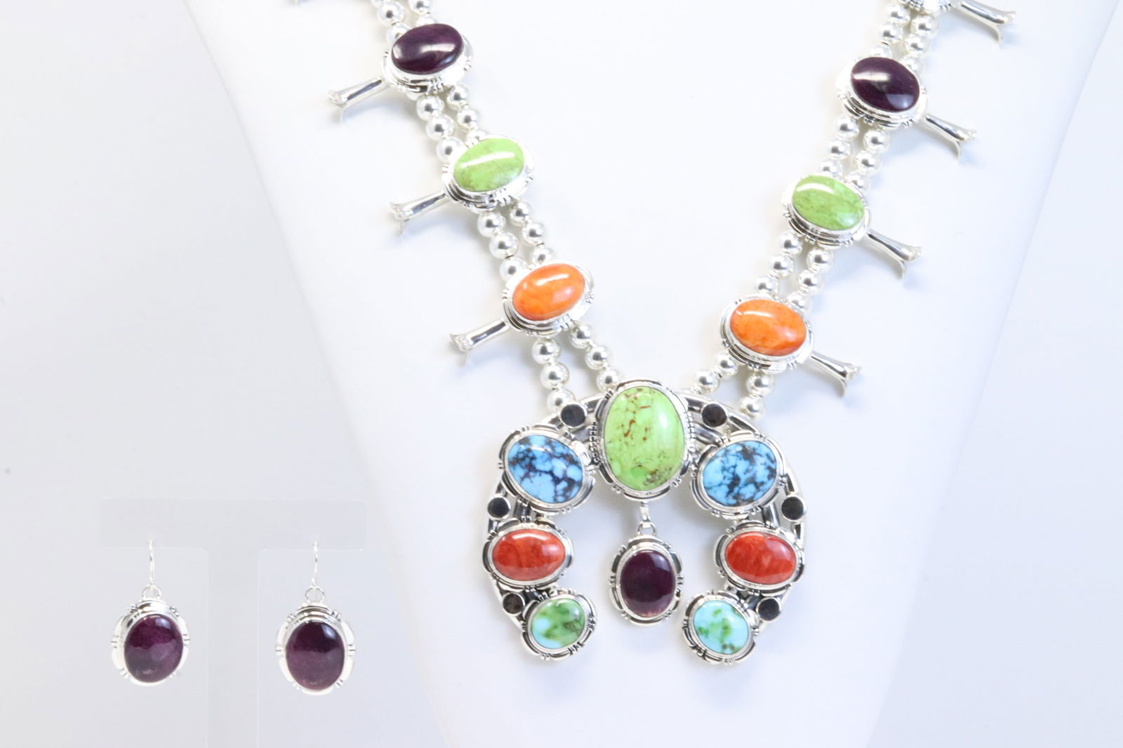 Native America Navajo Sterling Silver Multi-Color Stone Squash Blossom Necklace & Earring's Set By (1 of 8)