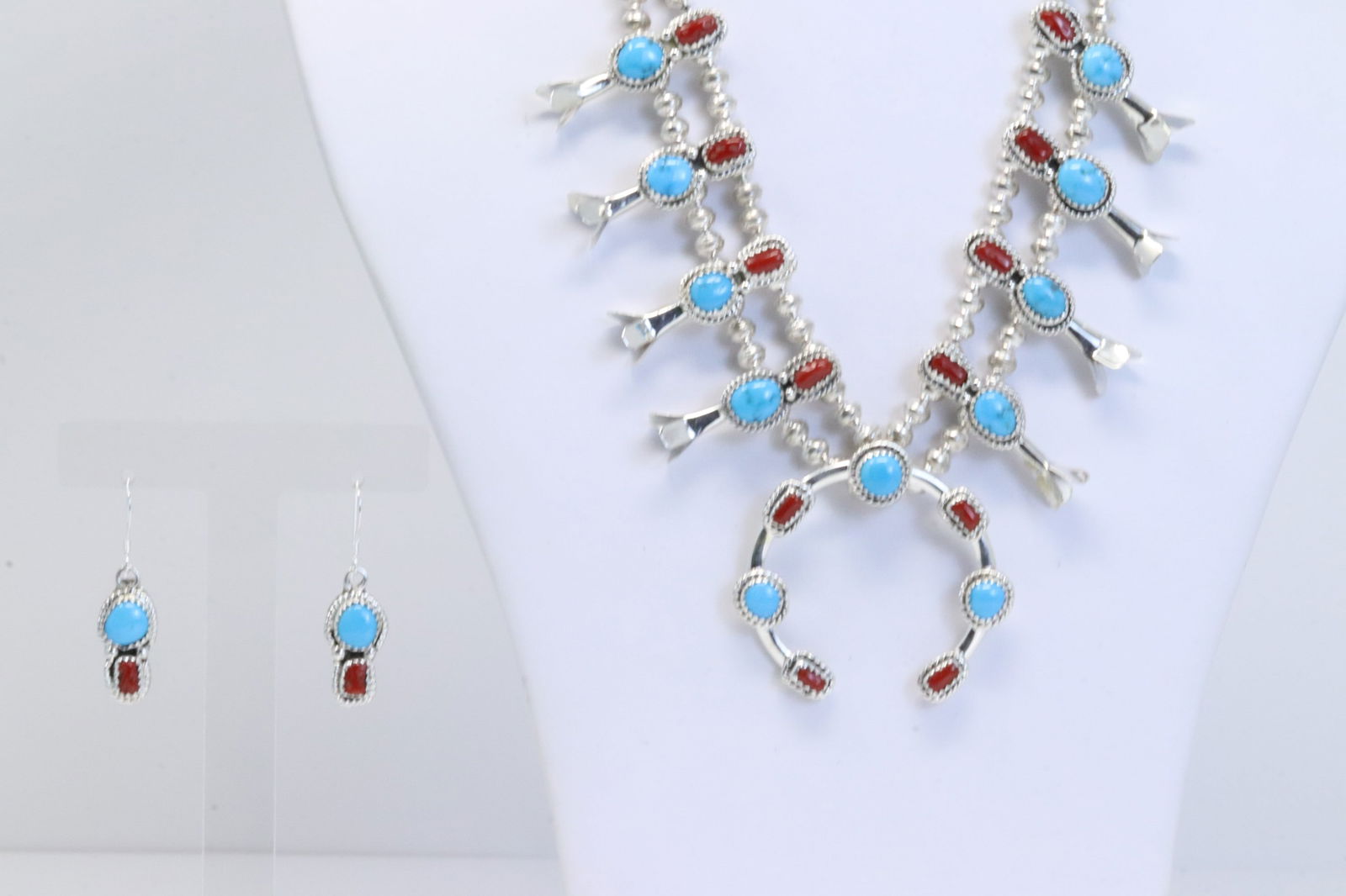 Native America Zuni Sterling Silver Coral & Turquoise Baby Squash Blossom Necklace & Earring's Set (1 of 6)