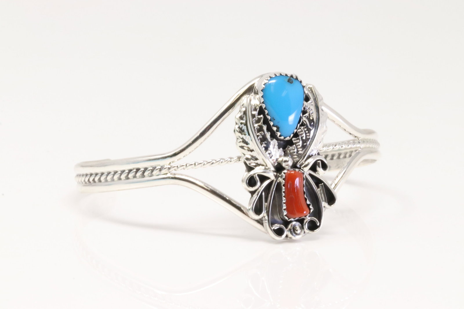 Native America Navajo Sterling Silver Coral / Turquoise Cuff Bracelet By Harry B. Yazzie.: This is a Native America Navajo Sterling Silver Coral / Turquoise Cuff Bracelet By Harry B. Yazzie.