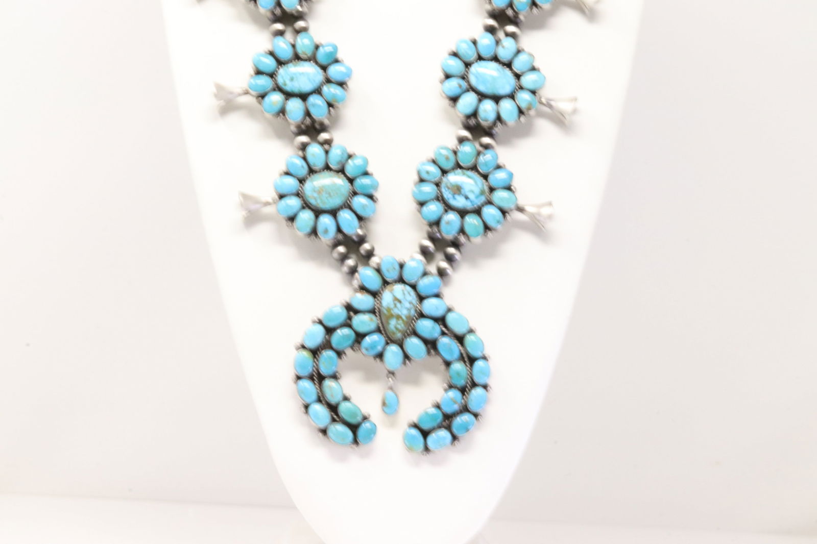 Native America Navajo Sterling Silver Kingman Turquoise Squash Blossom Necklace By Pansy Johnson. (1 of 6)