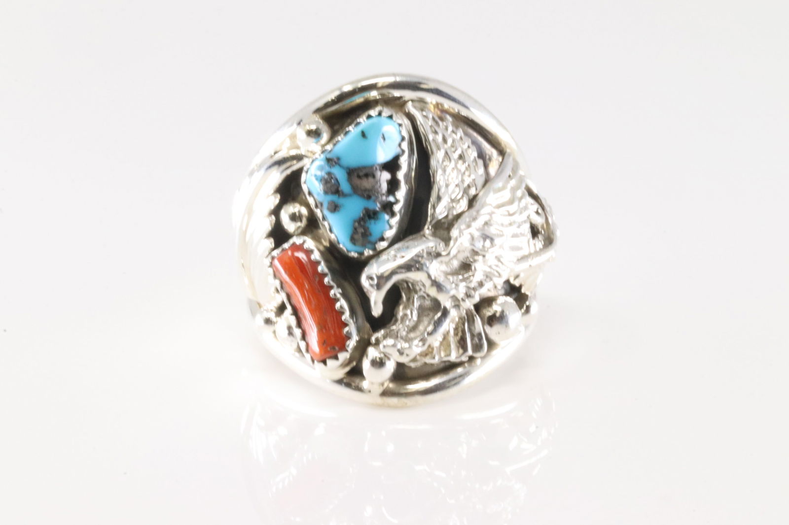 Native America Navajo Sterling Silver Coral & Turquoise Eagle Ring By Jeanette Saunders. (1 of 4)
