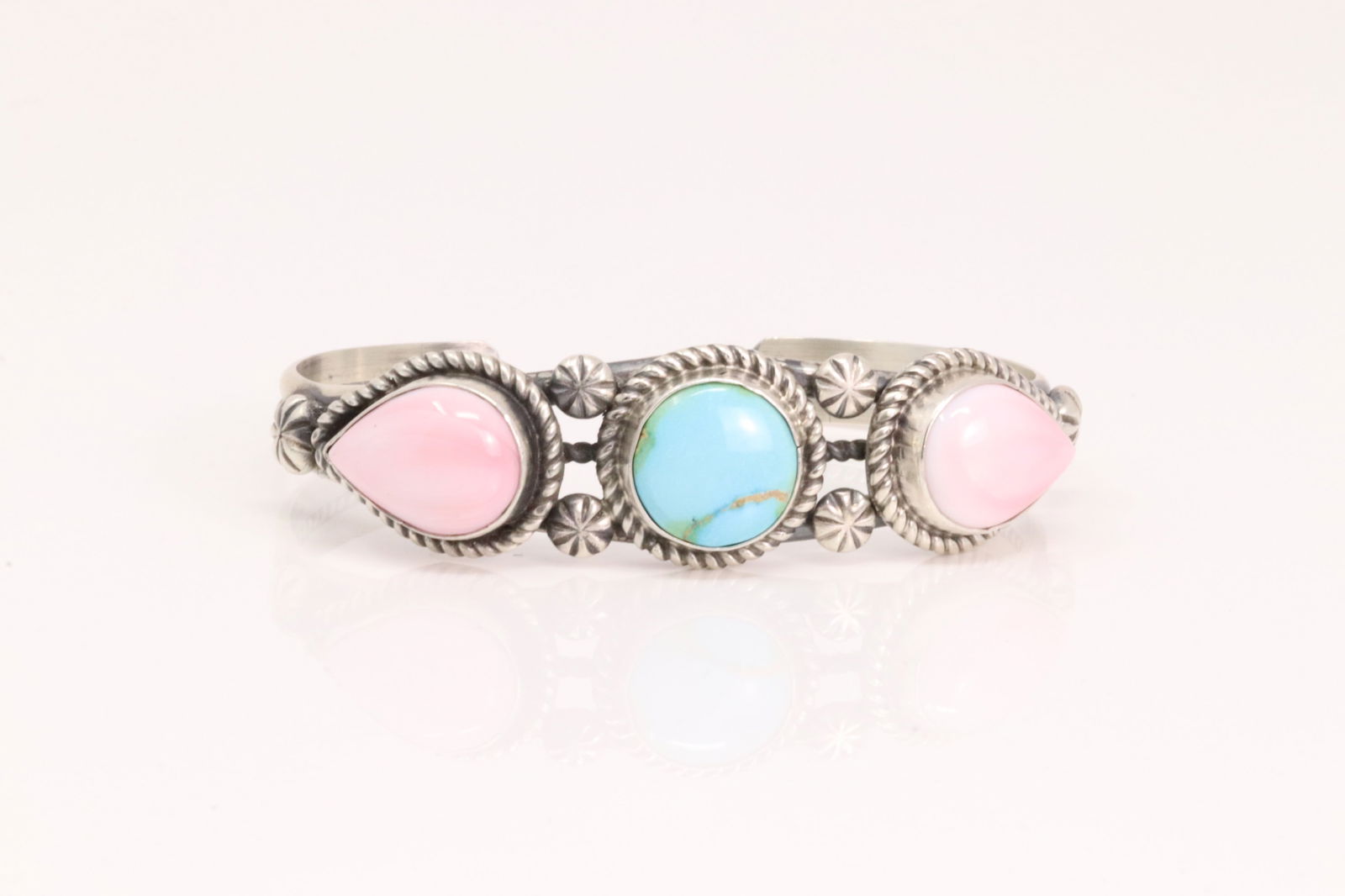 Native America Navajo Sterling Silver Pink Conch & Turquoise Bracelet Cuff By J.J.J. (1 of 4)